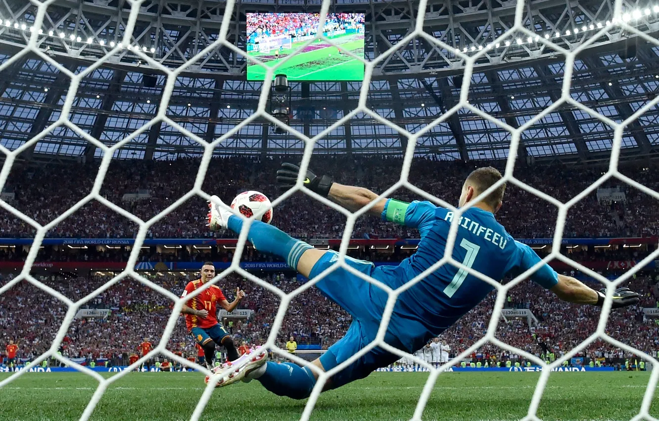 Photo wallpaper Russia, Spain, Russia, Akinfeev, Spain, World Cup 2018, Akinfeev 's leg