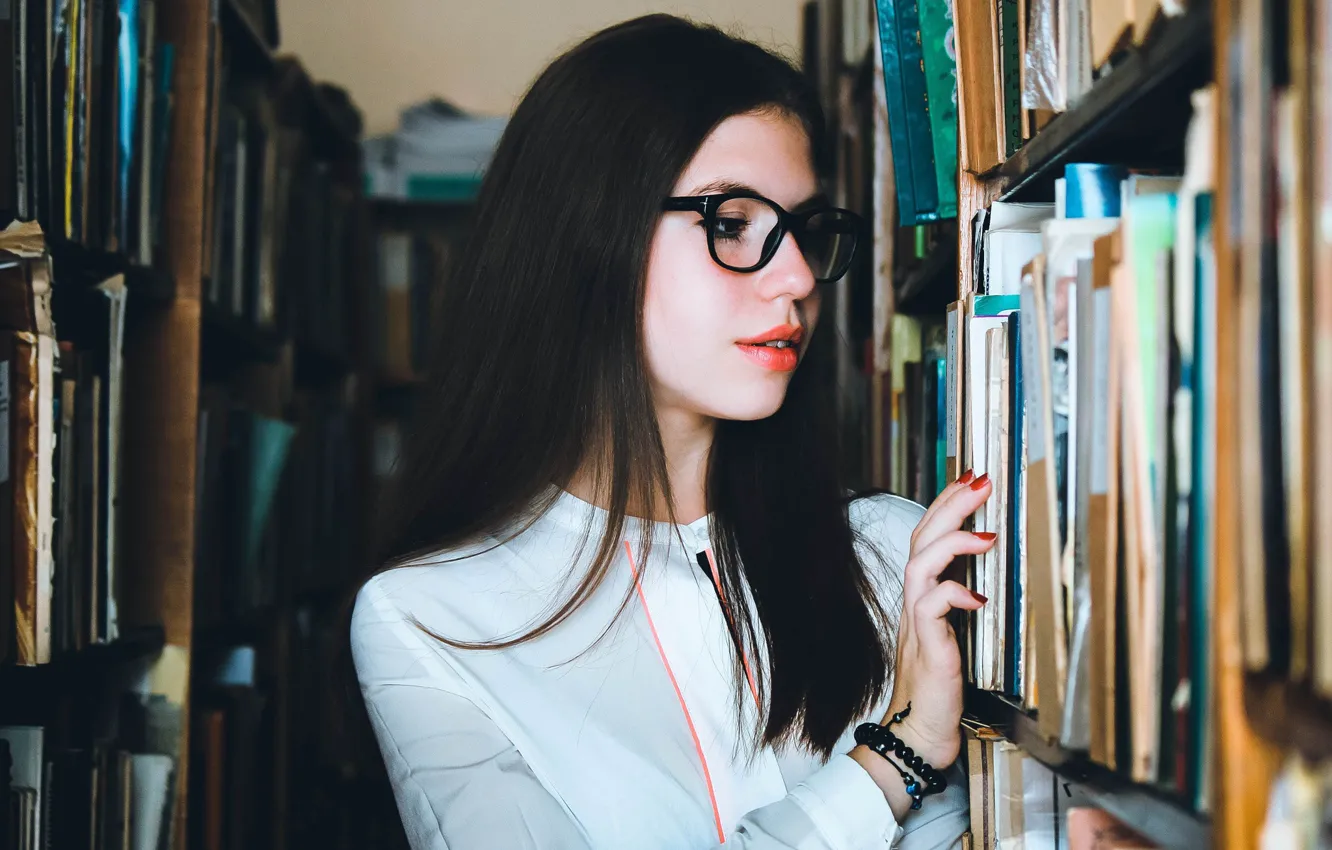 Photo wallpaper girl, pose, portrait, makeup, brunette, glasses, hairstyle, blouse