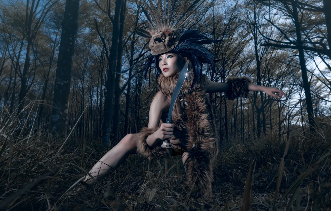Photo wallpaper forest, girl, face, hair, feathers, costume, knife