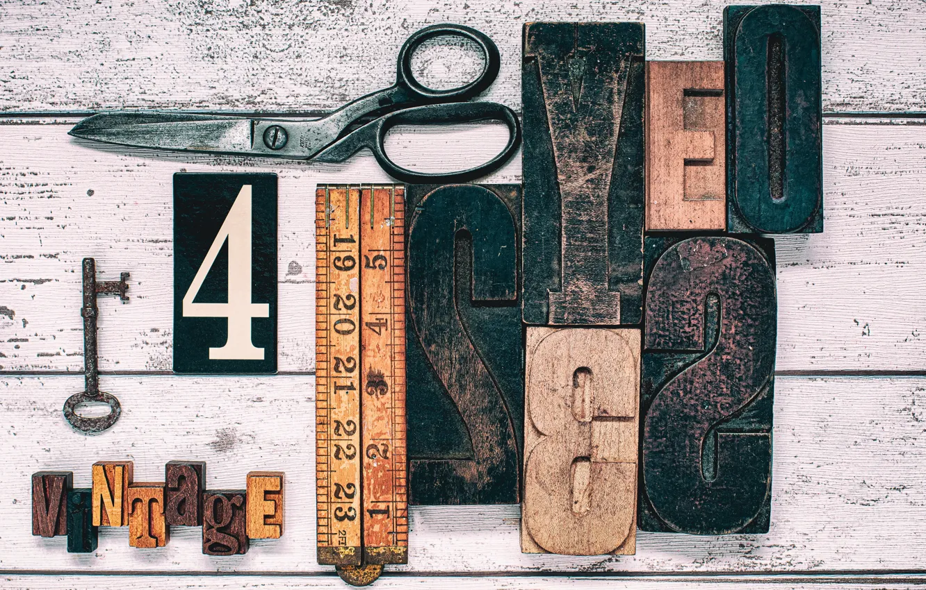 Photo wallpaper key, vintage, scissors
