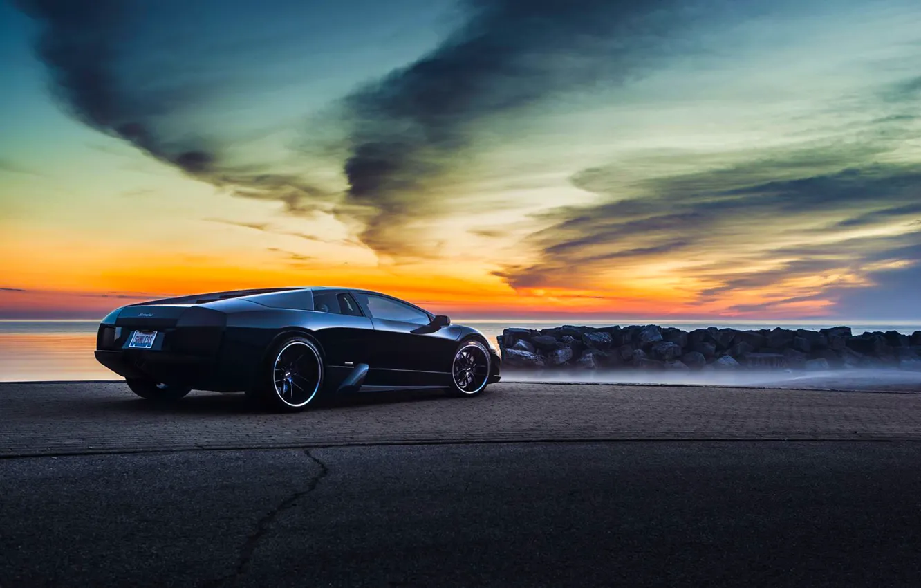 Photo wallpaper Lamborghini, Black, Murcielago, Forged, V12, Sunrise, Rear, LP640-4