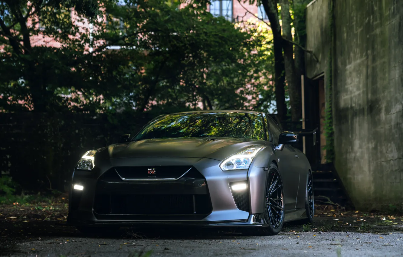 Photo wallpaper Nissan, trees, Front, grey, R35, building, Nissan GTR