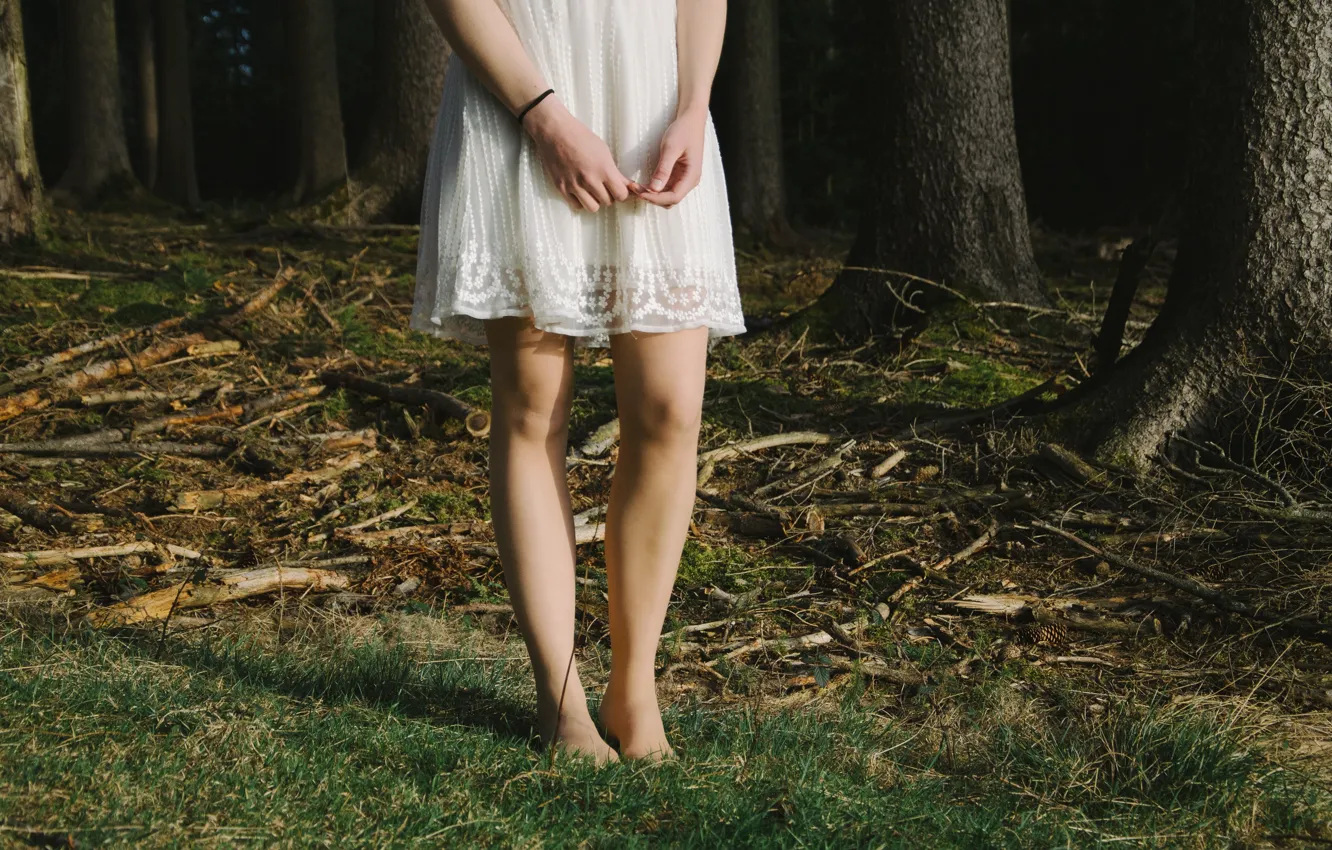 Photo wallpaper grass, trees, barefoot, dress, legs
