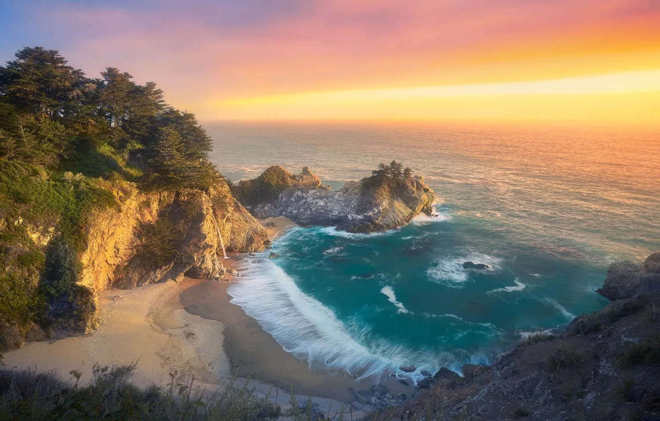 Photo wallpaper the ocean, dawn, coast, morning, California, Big Sur, McWay Falls
