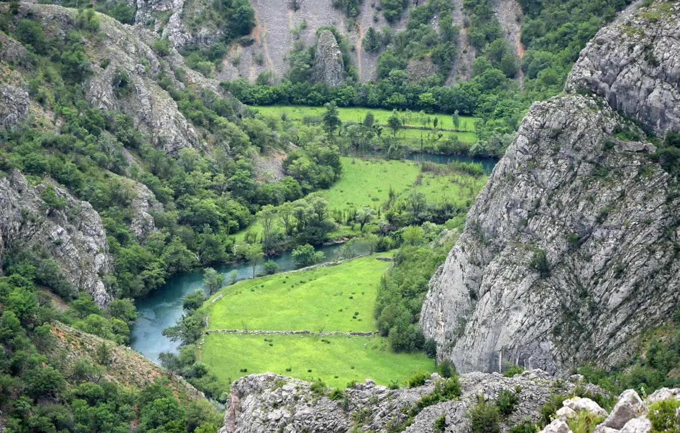 Photo wallpaper grass, mountains, river