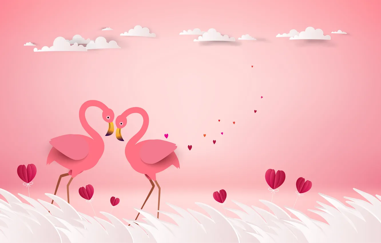 Photo wallpaper love, birds, rendering, pair, hearts, pink background, Flamingo