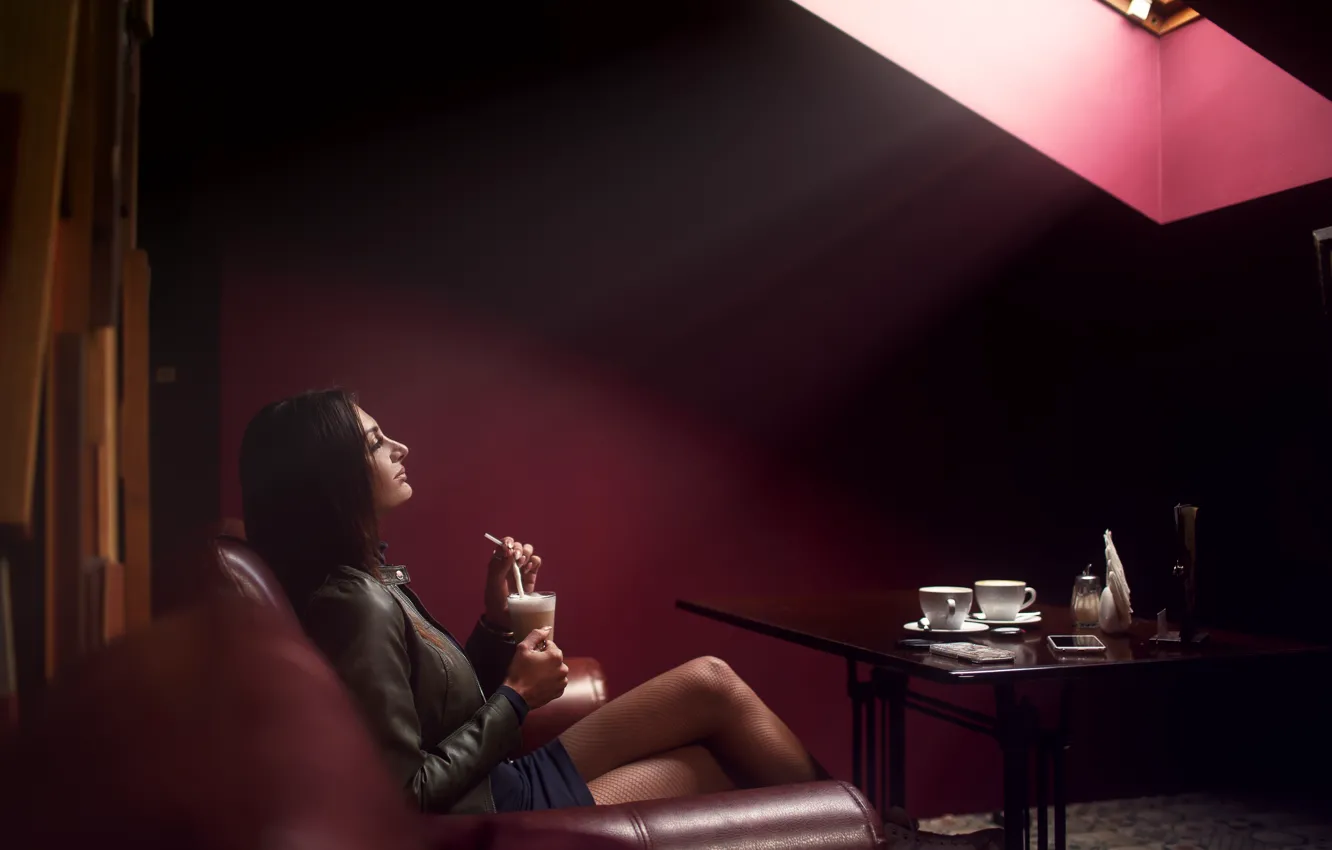 Photo wallpaper model, women, brunette, coffee, table, sitting, couch, leather jacket