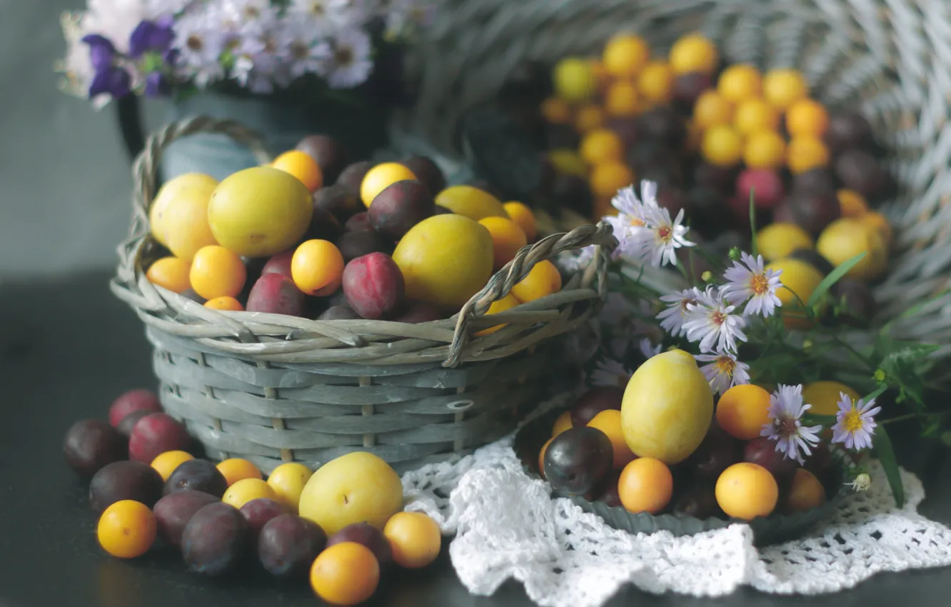 Photo wallpaper flowers, blue, yellow, table, bouquet, blur, harvest, fruit