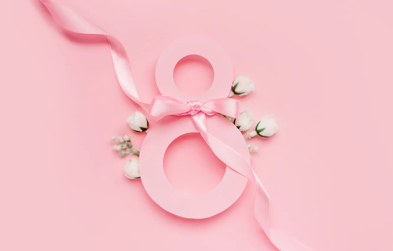 Photo wallpaper flowers, roses, figure, tape, happy, pink background, March 8, pink