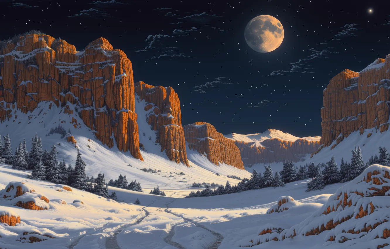 Photo wallpaper moon, trees, night, winter, mountains, snow, Illustration, Concept Art
