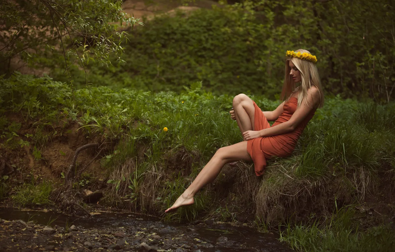 Photo wallpaper pose, stream, dandelion, green, sweetheart, model, feelings, portrait