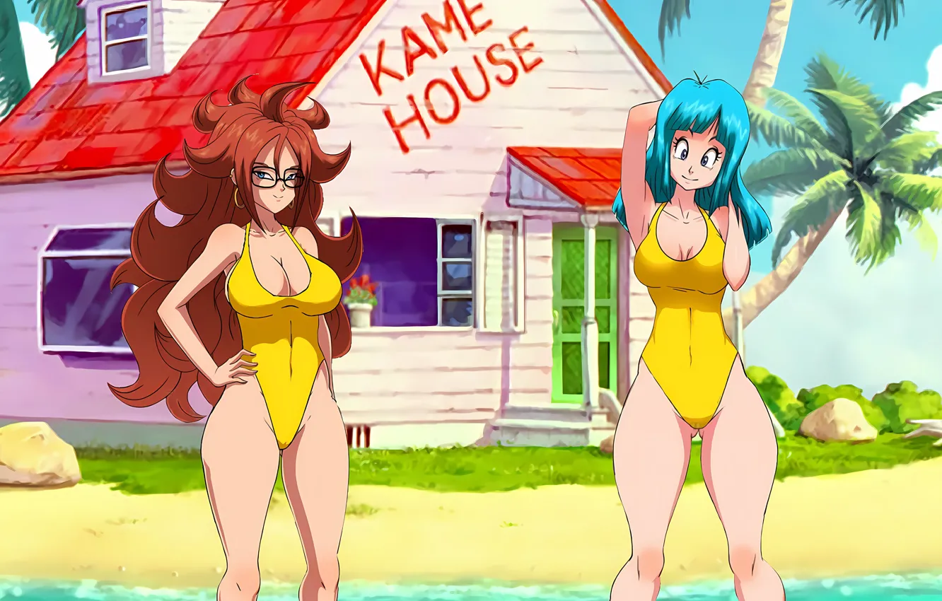 Photo wallpaper sexy, cleavage, beach, long hair, legs, sea, girls, brown hair