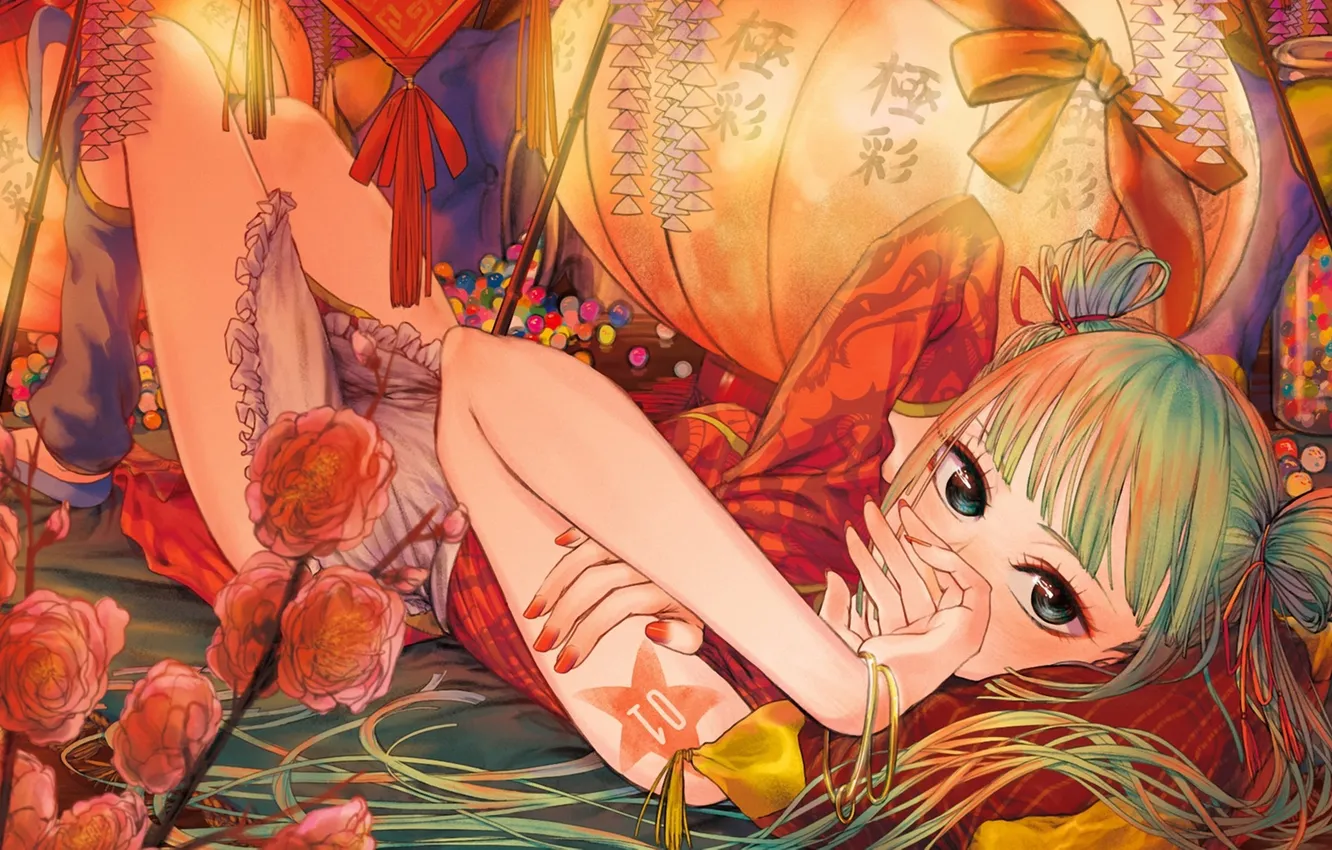 Photo wallpaper girl, flowers, hands, art, vocaloid, hatsune miku, lanterns, lying