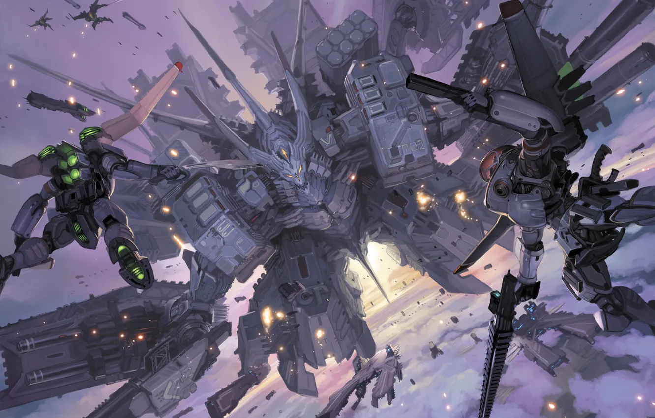 Photo wallpaper flight, ship, robot, art, fur, in the sky, giant, takayama toshiaki