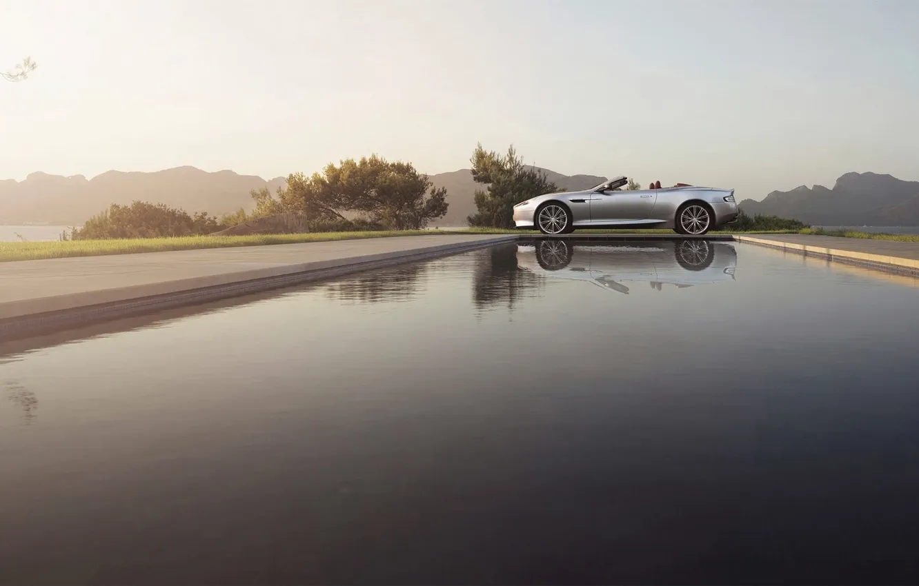 Photo wallpaper Aston Martin, The sky, Reflection, Machine, Pool, Convertible, Grey, Aston