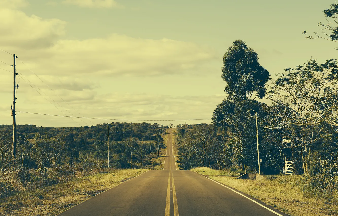 Photo wallpaper road, the sky, clouds, trees, horizon, Brazil, farm, power line