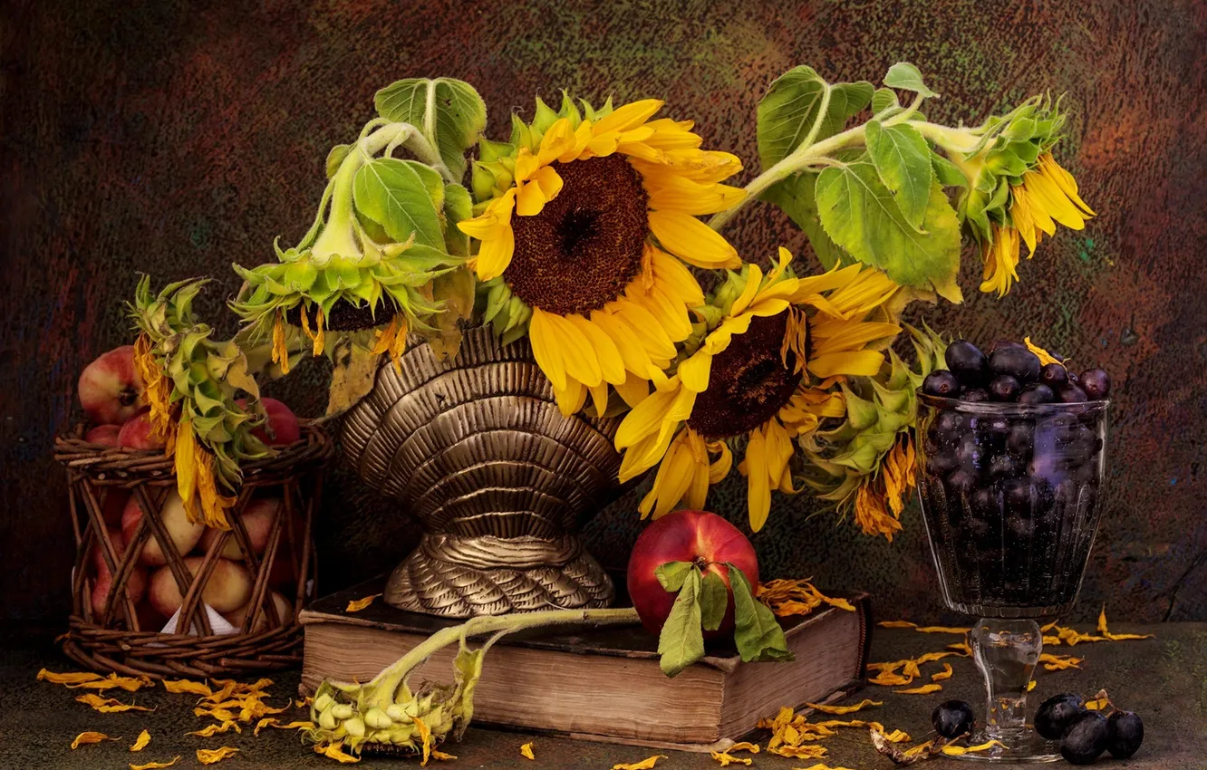 Photo wallpaper sunflowers, still life, peaches, currants