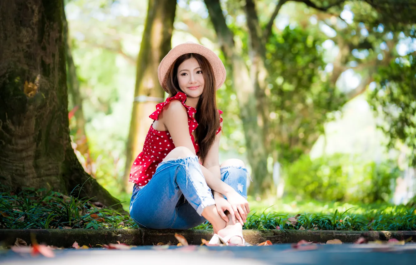 Photo wallpaper girl, sweetheart, jeans, hat, blouse, Asian, sitting, bokeh