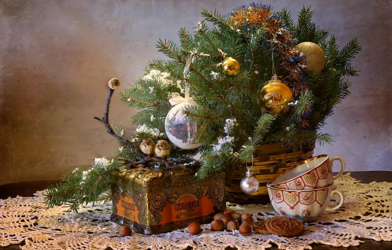 Photo wallpaper box, toy, tree, cookies, Cup, bird, nuts