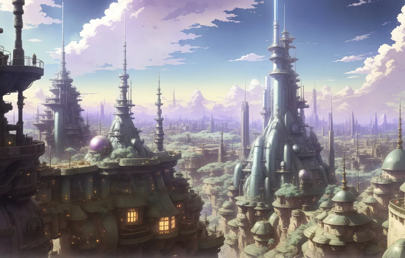 Photo wallpaper anime, original ai-artwork, fantasy, fantasy art, art, city​​, Stable Diffusion, sky