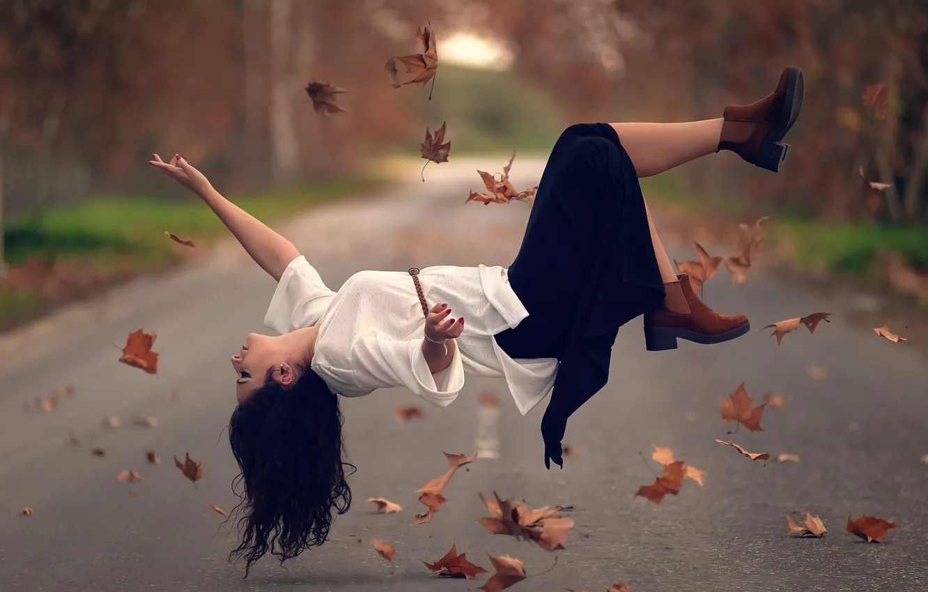 Photo wallpaper road, leaves, girl, levitation, Flying away