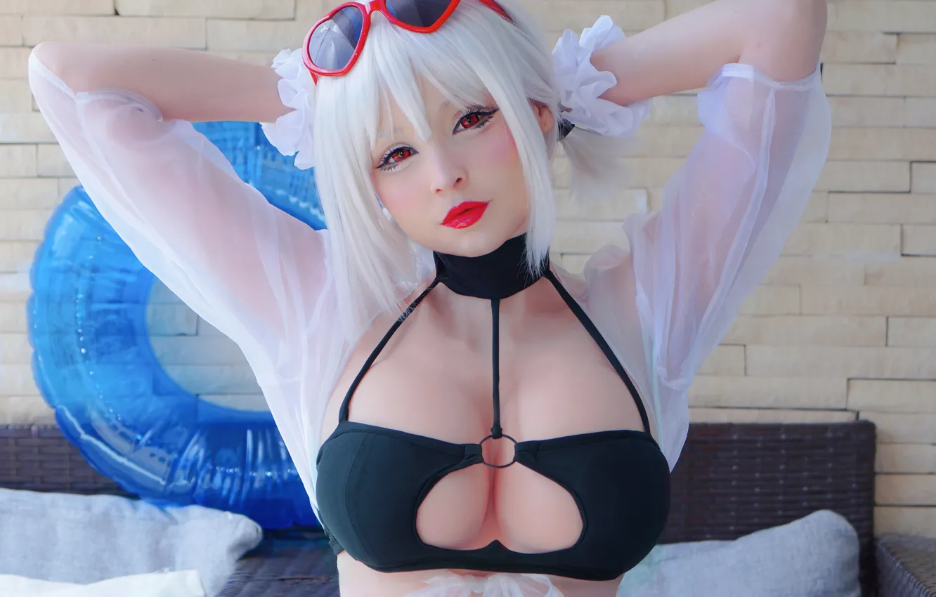 Photo wallpaper girl, sexy, cleavage, boobs, beautiful, red eyes, short hair, pretty