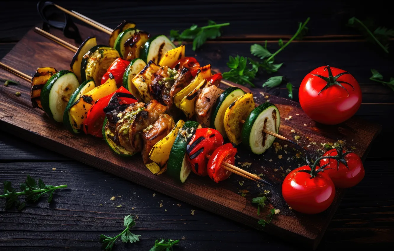 Photo wallpaper greens, the dark background, Board, meat, vegetables, tomatoes, parsley, kebab