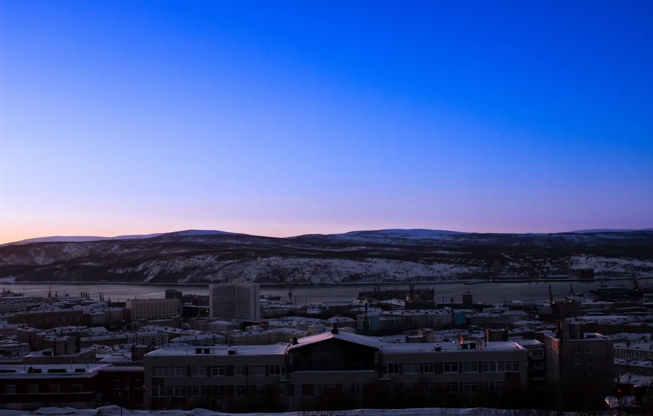 Photo wallpaper the sky, landscape, mountains, city, the city, mood, hills, Murmansk