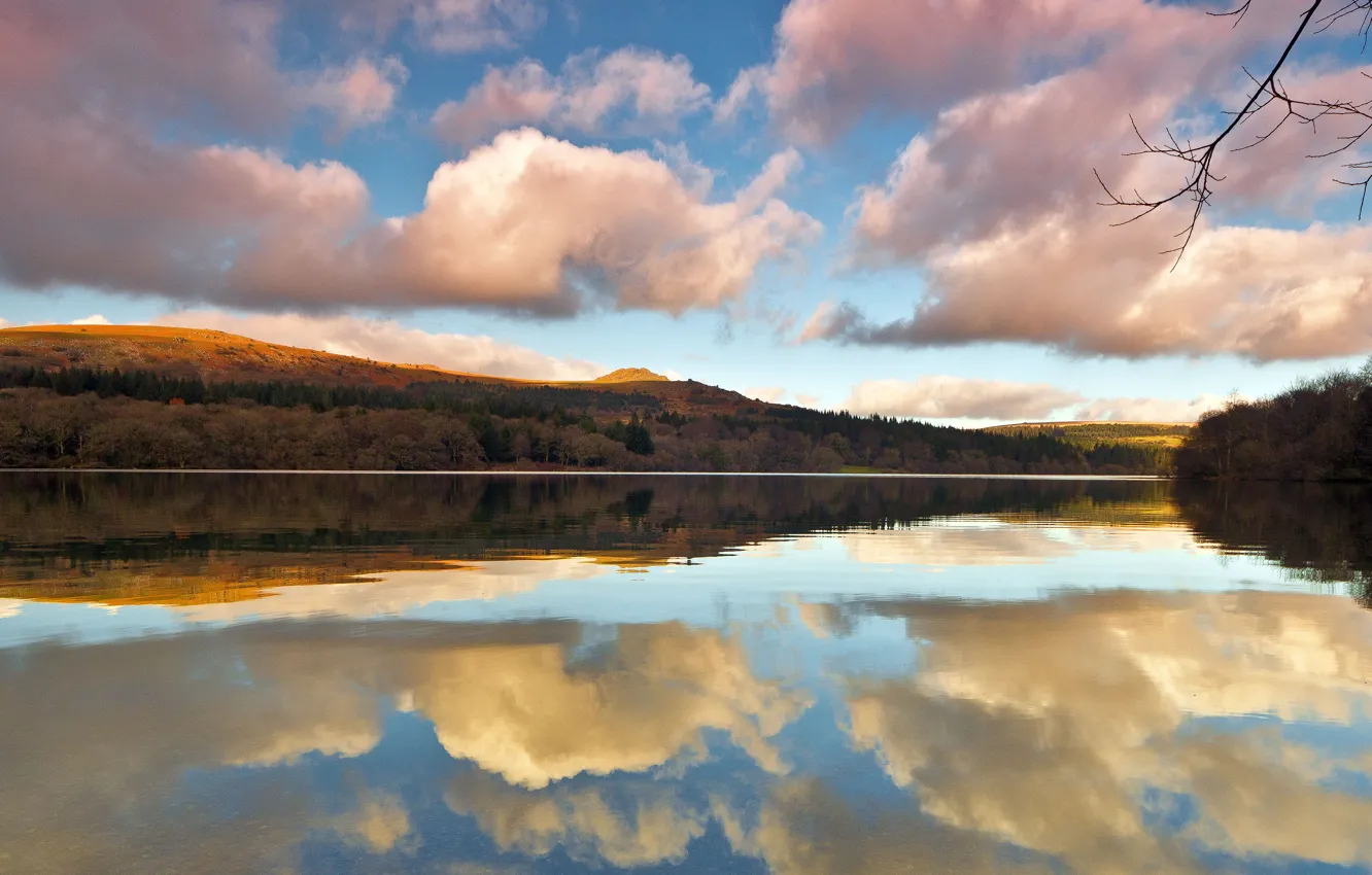Photo wallpaper the sky, clouds, lake, reflection, branch, hill