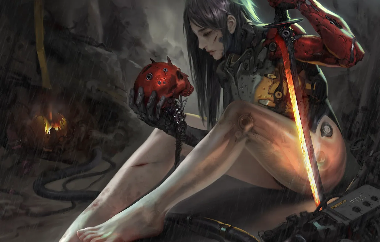 Photo wallpaper look, girl, pose, weapons, skull, cyborg, sci-fi, cyborg