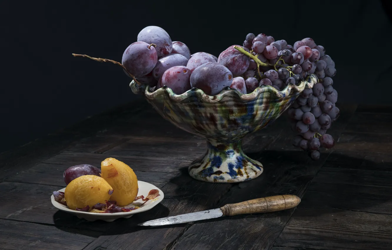 Photo wallpaper photo, Knife, Vase, Grapes, Food, Plum, Lemons