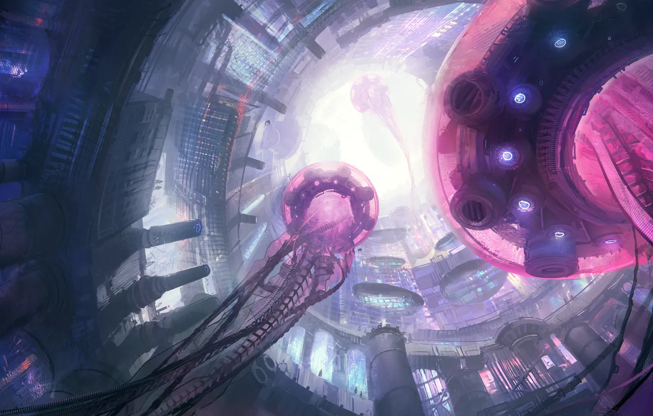 Photo wallpaper building, jellyfish, the town called scyphio