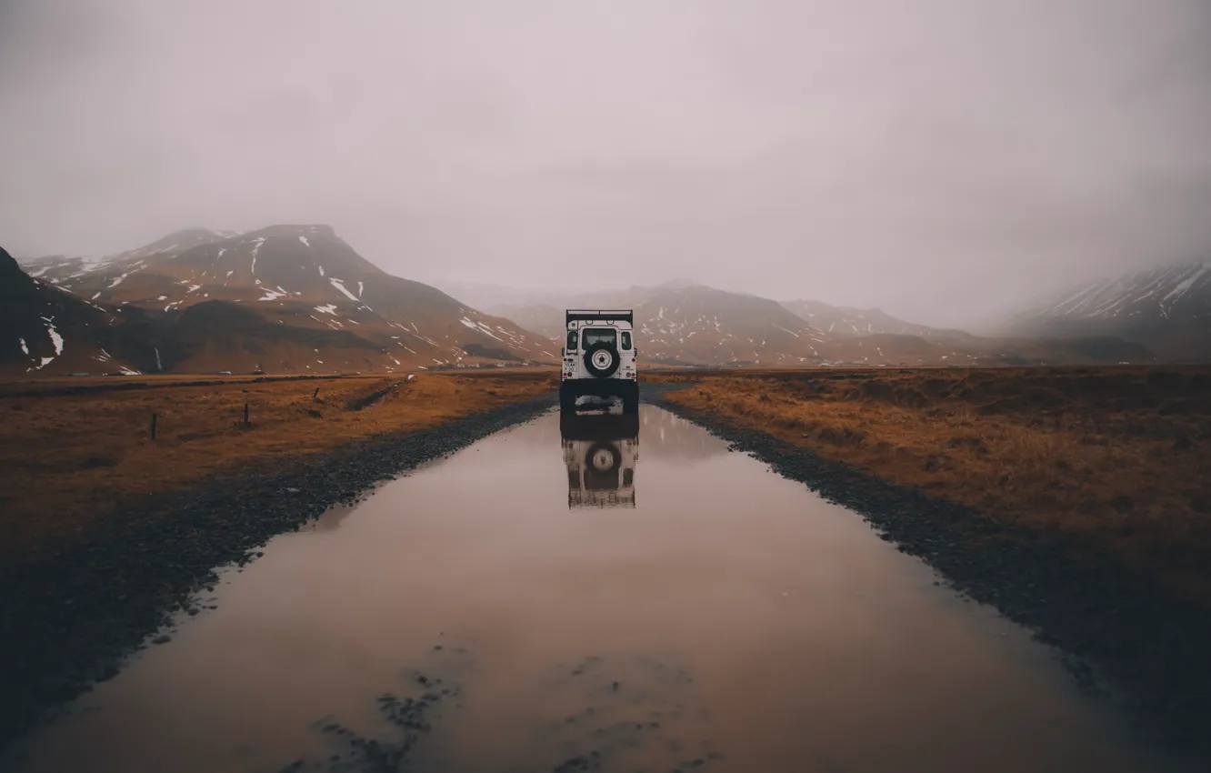 Photo wallpaper Land Rover, Car, Water, Defender, River, Rocks, Fog, Offroad