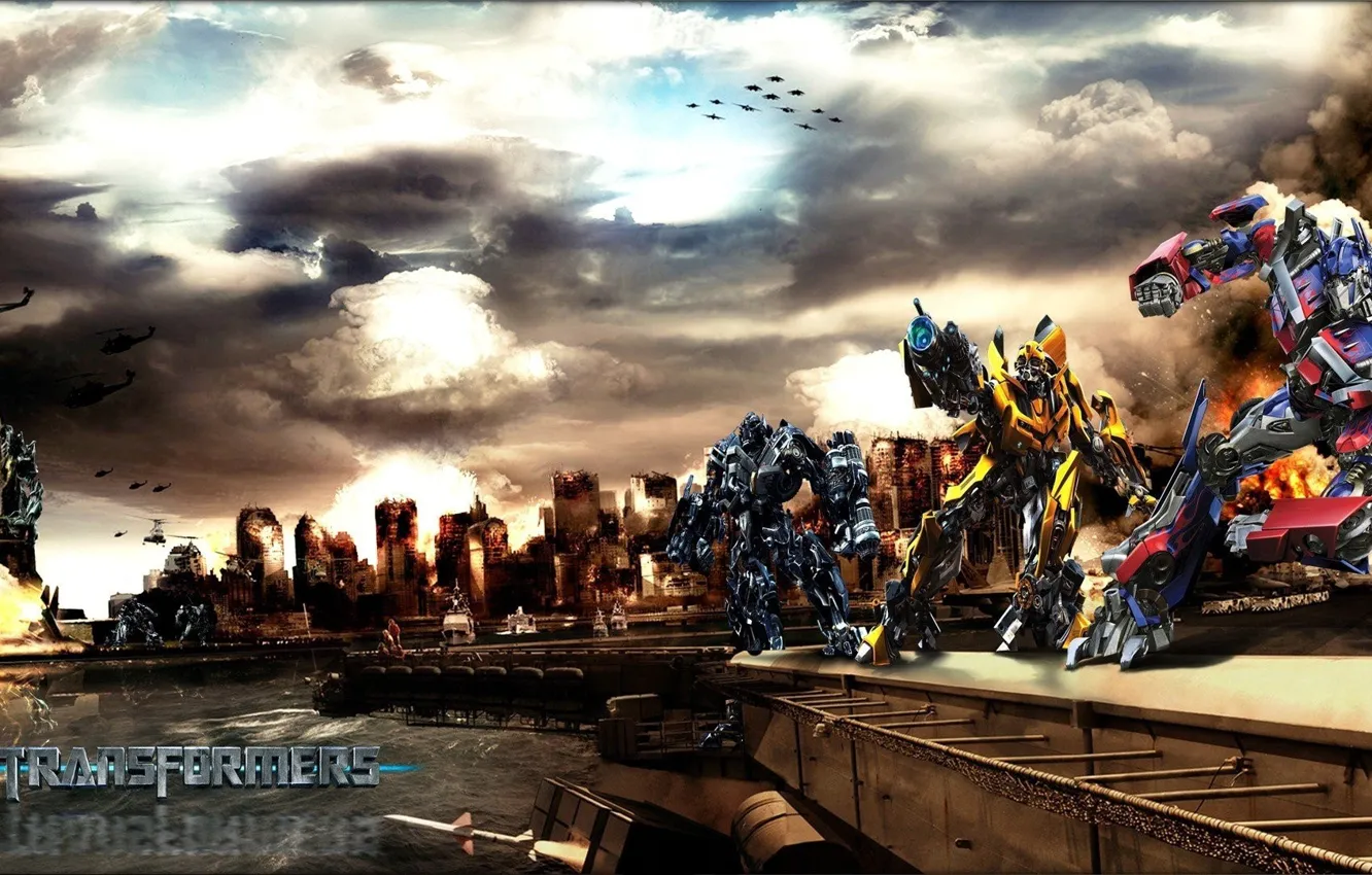Photo wallpaper city, cinema, robot, sky, mecha, cloud, movie, Transformers