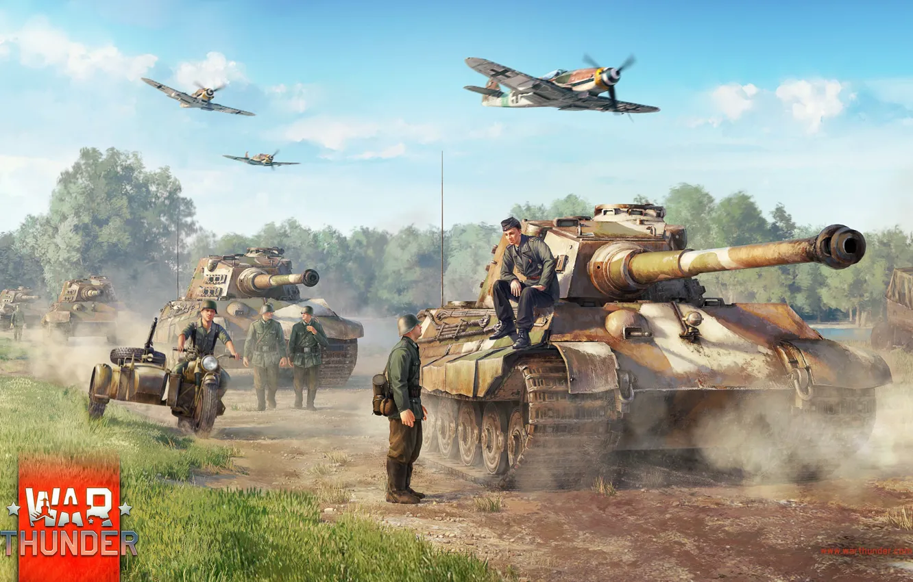Photo wallpaper Art, Bf-109, Tiger II, War Thunder, Video Game, Infantry, Tanks, Planes