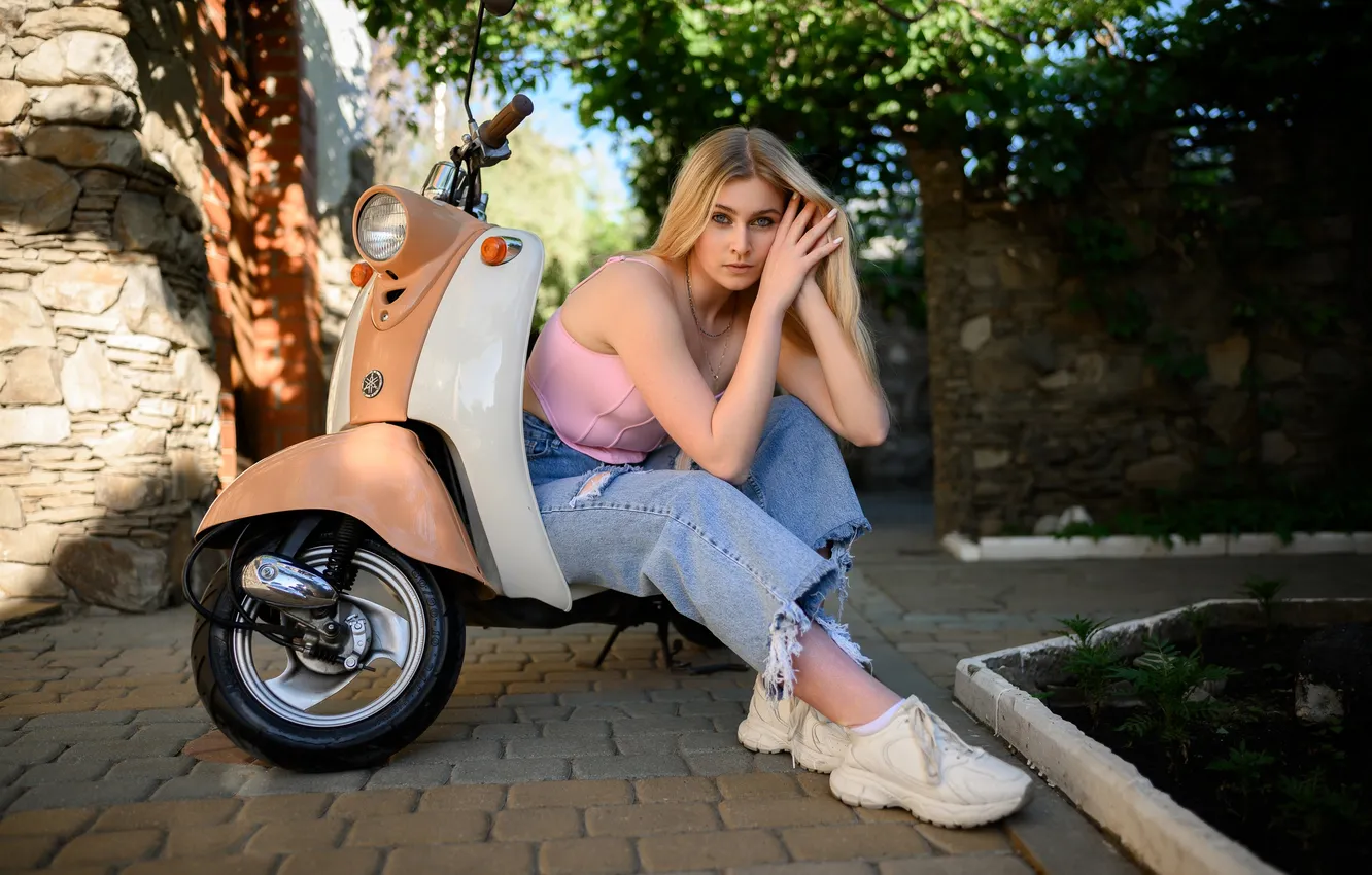 Photo wallpaper look, girl, pose, jeans, hands, blonde, long hair, scooter