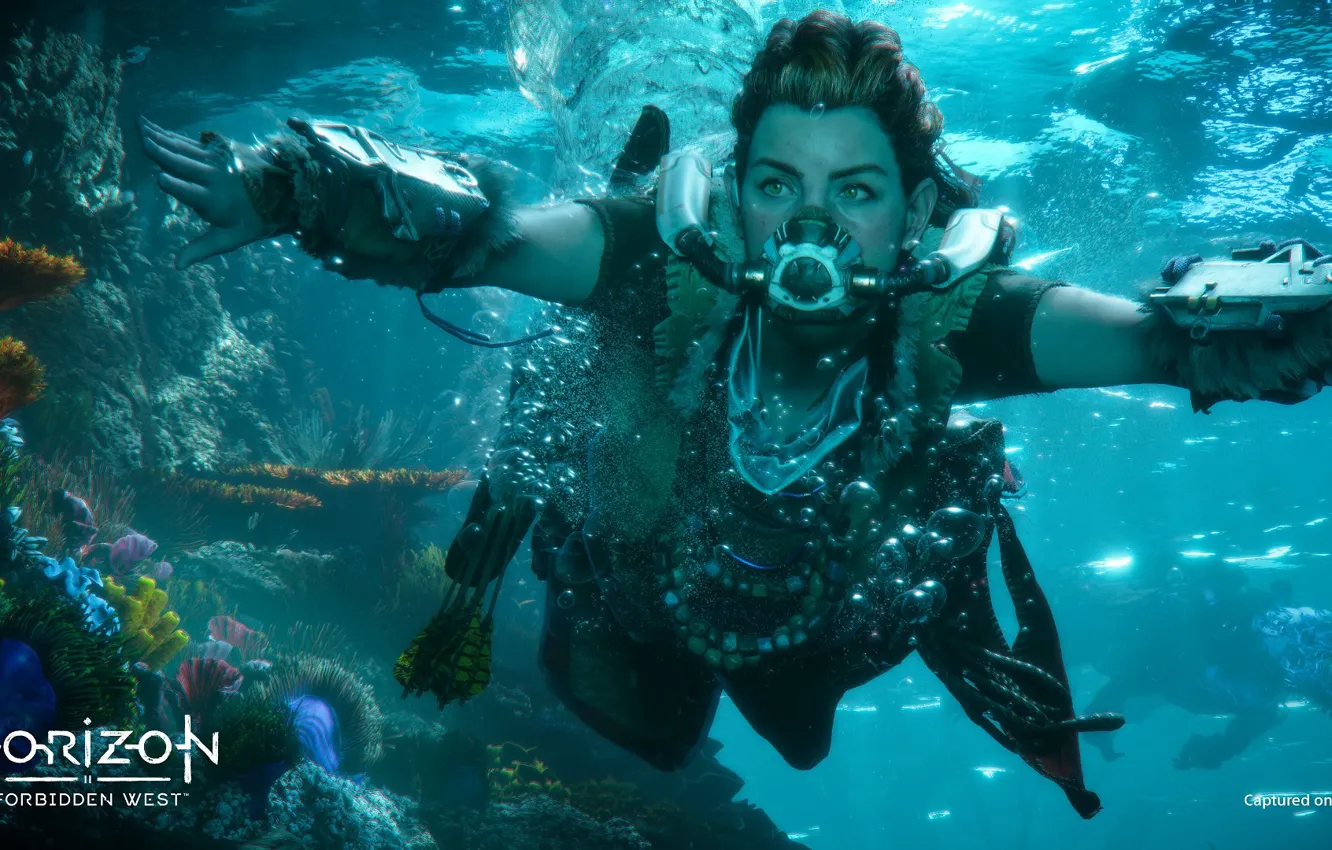 Photo wallpaper girl, mask, under water, diving, Aloy, Horizon Forbidden West