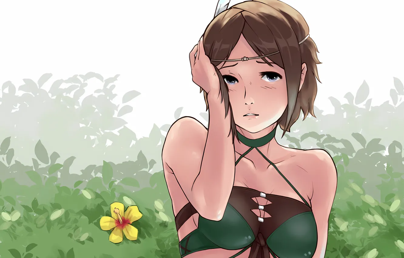 Photo wallpaper girl, sexy, cleavage, brown hair, boobs, anime, beautiful, short hair