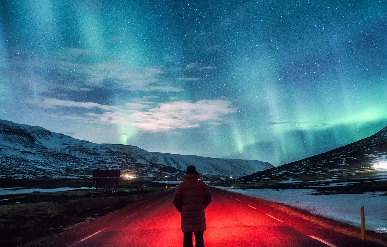 Photo wallpaper road, man, red light, northern lights, Aurora Borealis