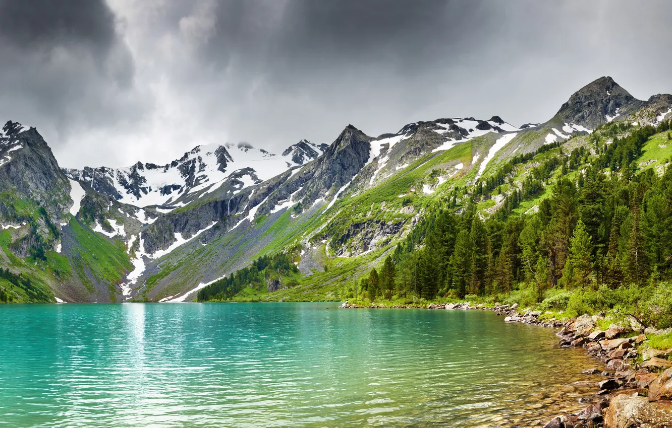 Photo wallpaper water, mountains, lake, stones, photo, shore, landscapes, stone