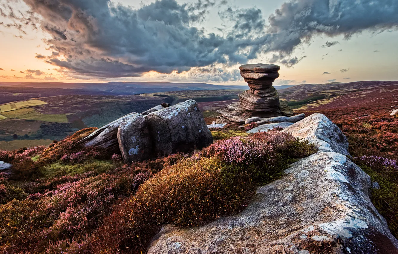 Photo wallpaper mountains, stones, hills, boulders, Heather