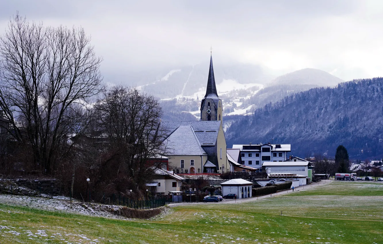 Photo wallpaper mountains, fog, Austria, Church