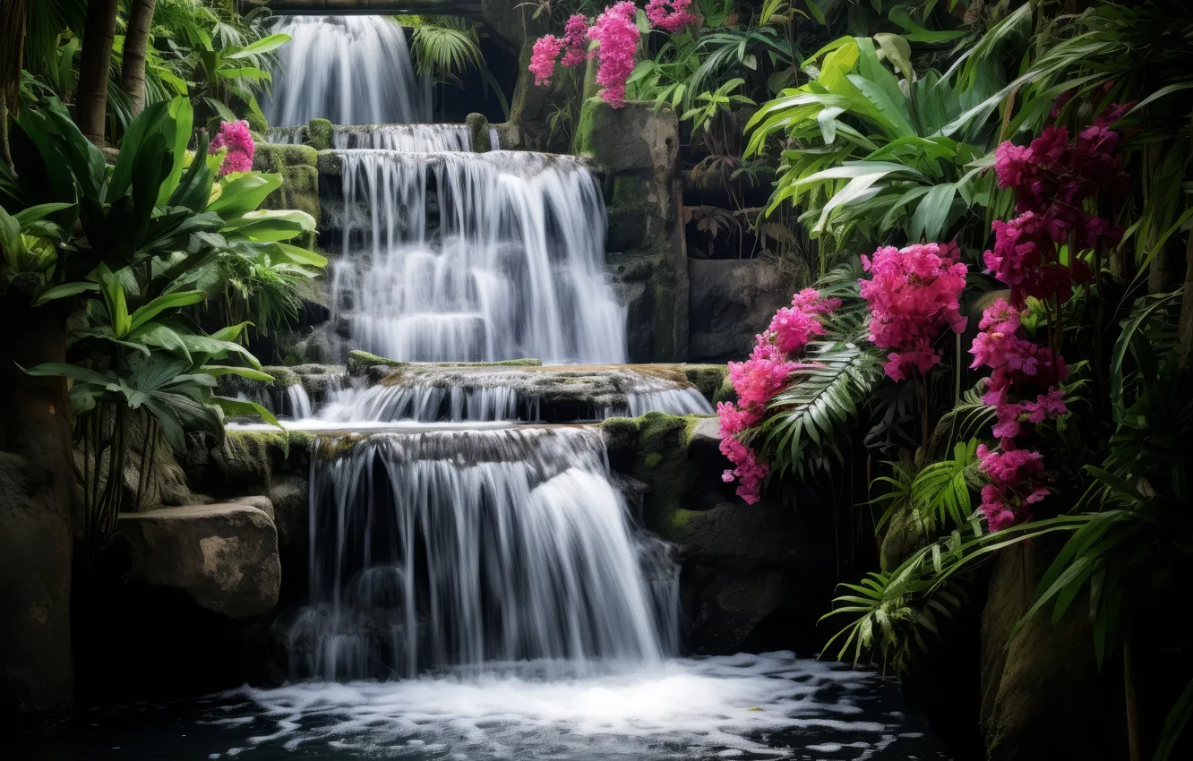 Photo wallpaper leaves, flowers, branches, tropics, rocks, waterfall, stream, pink