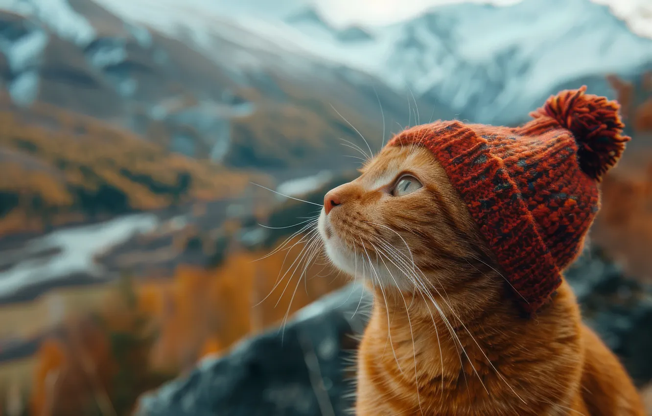 Photo wallpaper autumn, forest, cat, cat, look, snow, mountains, red