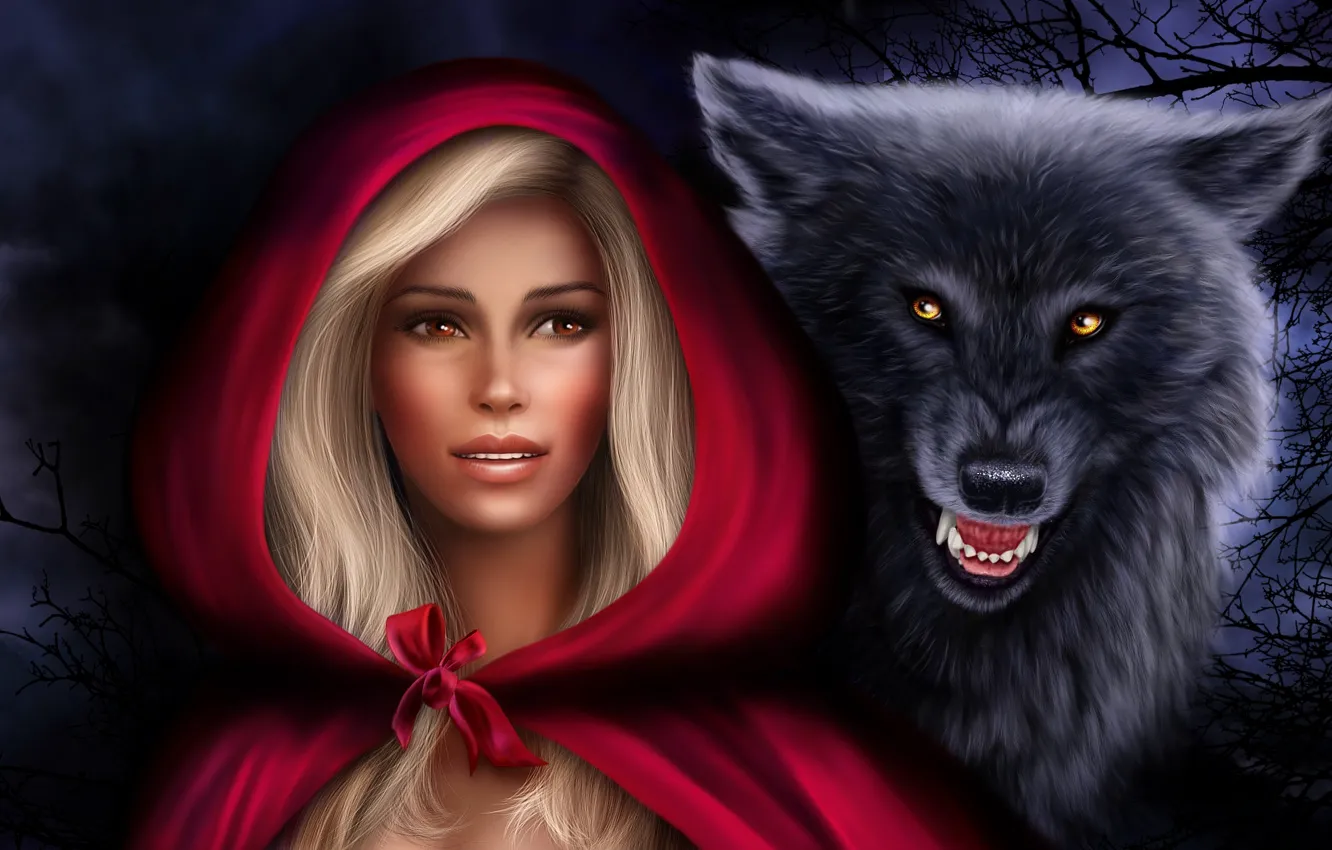 Photo wallpaper girl, wolf, predator, little red riding hood, hood, Photoshop, Нelena