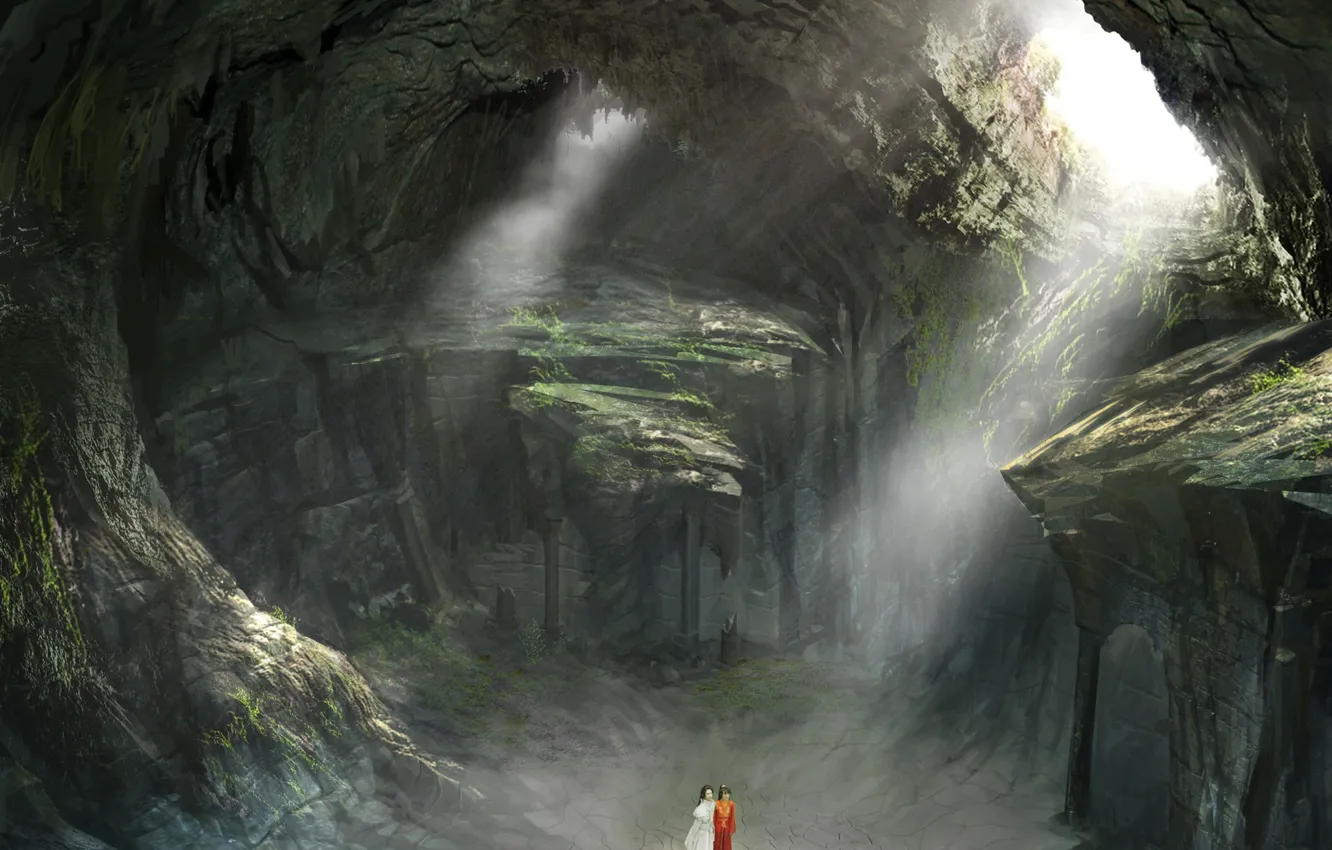 Photo wallpaper women, cave, rays of light, Love O2O scenery concept