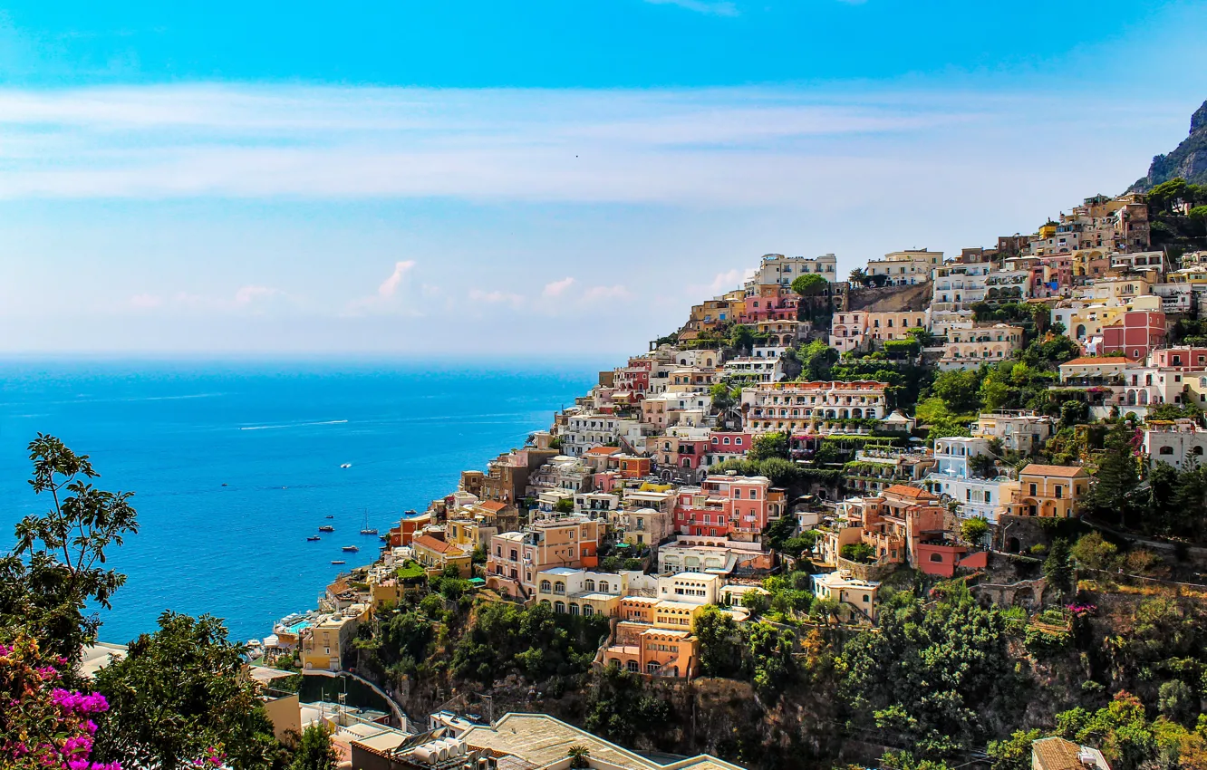 Photo wallpaper sea, summer, clouds, mountains, the city, blue, rocks, shore