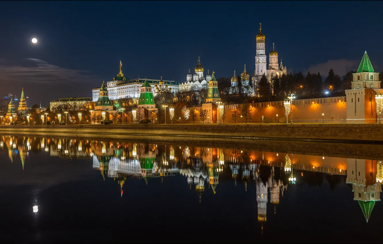 Photo wallpaper night, reflection, river, Moscow, tower, Russia, promenade, temples