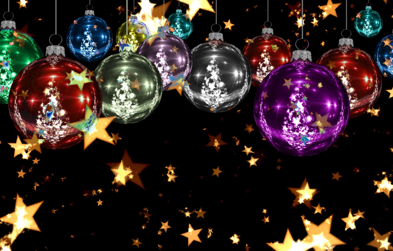 Photo wallpaper stars, balls, decoration, lights, background, holiday, bright, toys