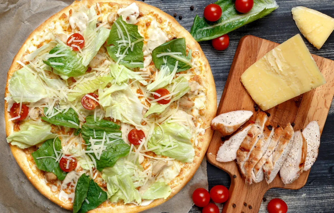 Photo wallpaper cheese, meat, pizza, tomatoes, salad